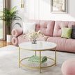 Coffee Table – Faux Marble and Tempered Glass – White and Gold – Modern Round Design