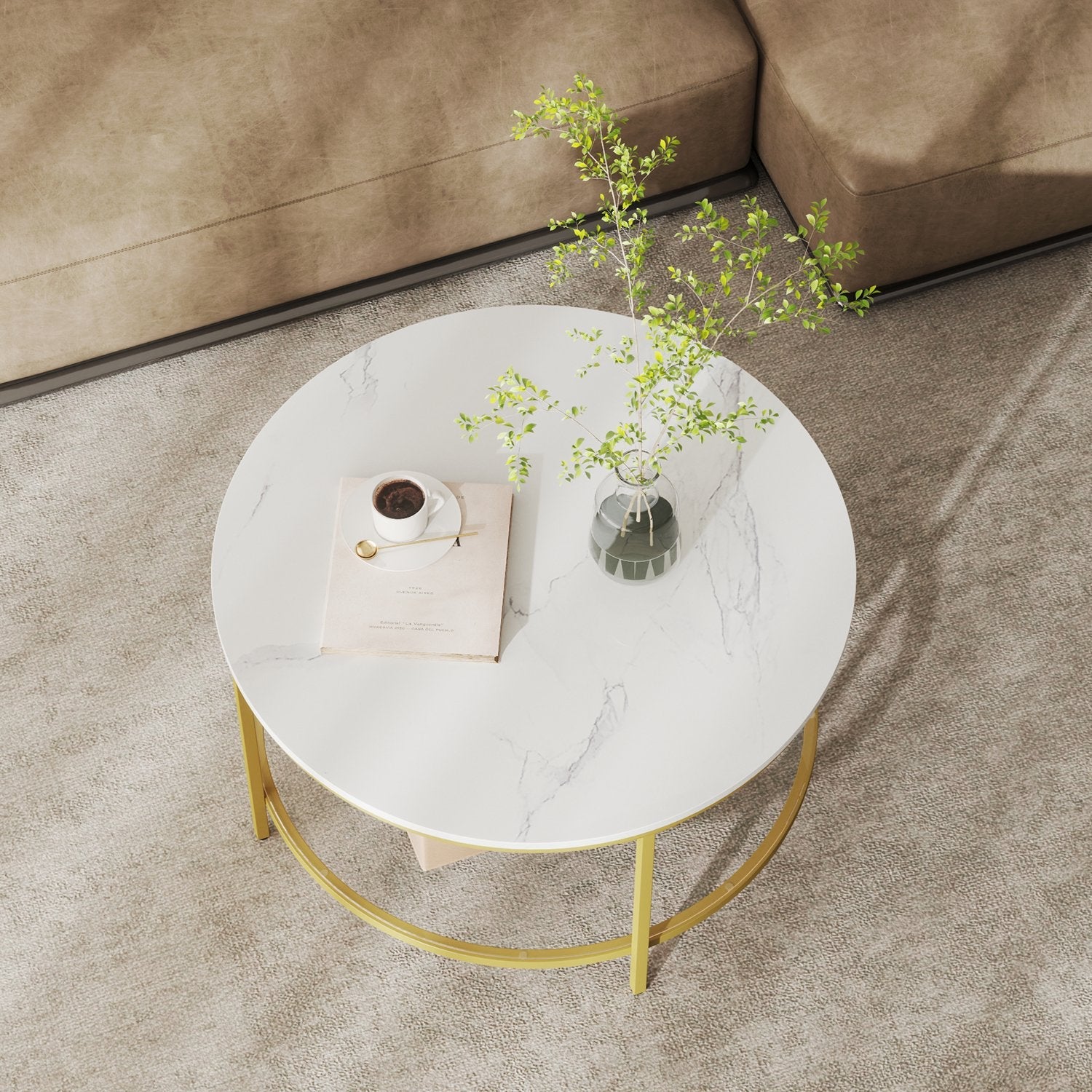 Coffee Table – Faux Marble and Tempered Glass – White and Gold – Modern Round Design