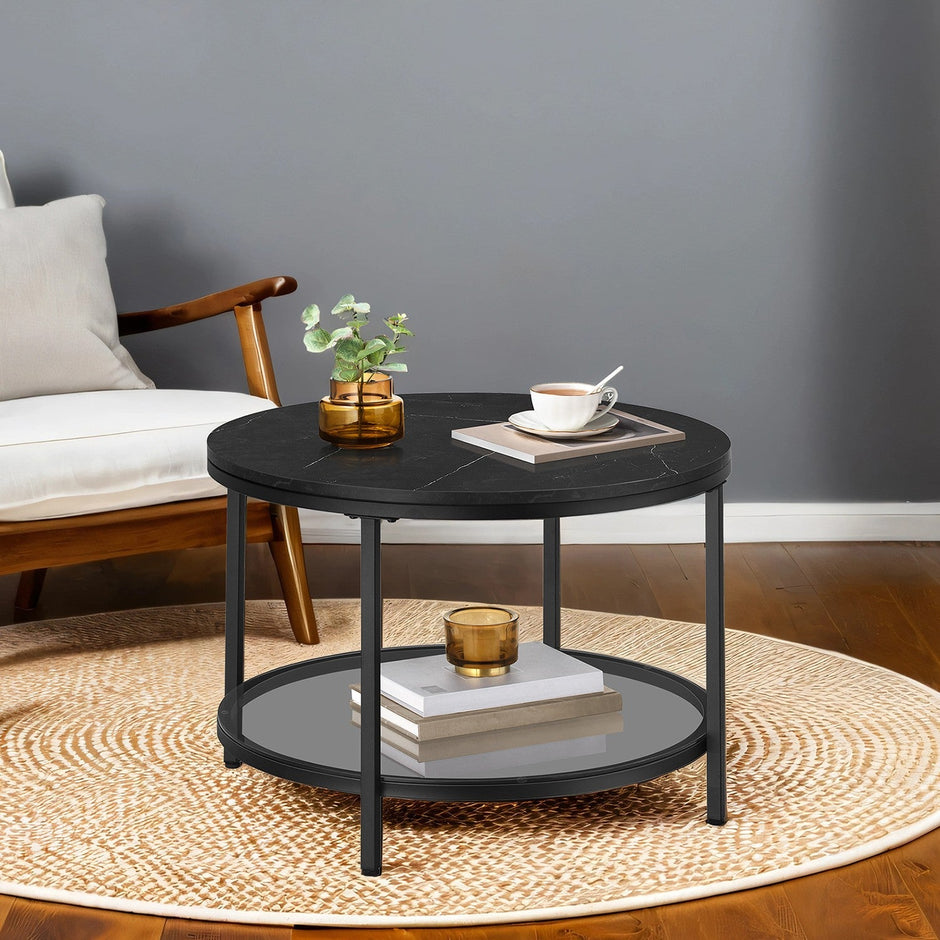 Coffee Table – Faux Marble, Glass – Round – Modern Design with Storage Shelf