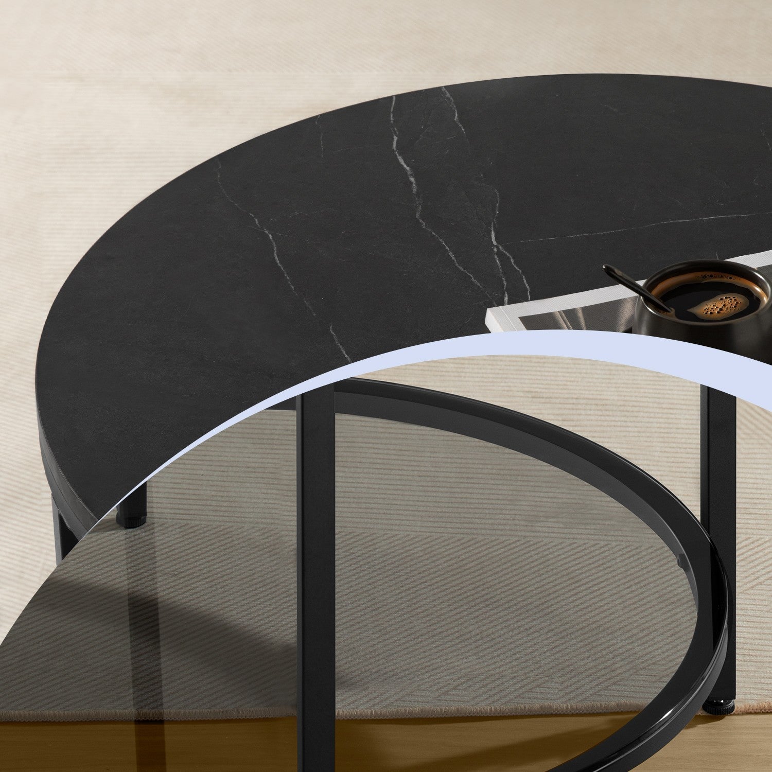Coffee Table – Faux Marble, Glass – Round – Modern Design with Storage Shelf