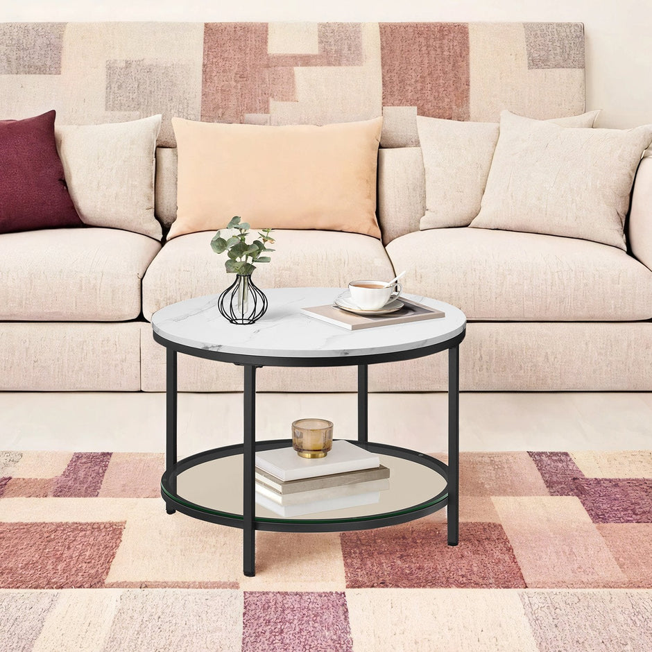Coffee Table – Faux Marble, Glass – Round – Modern Design with Storage Shelf