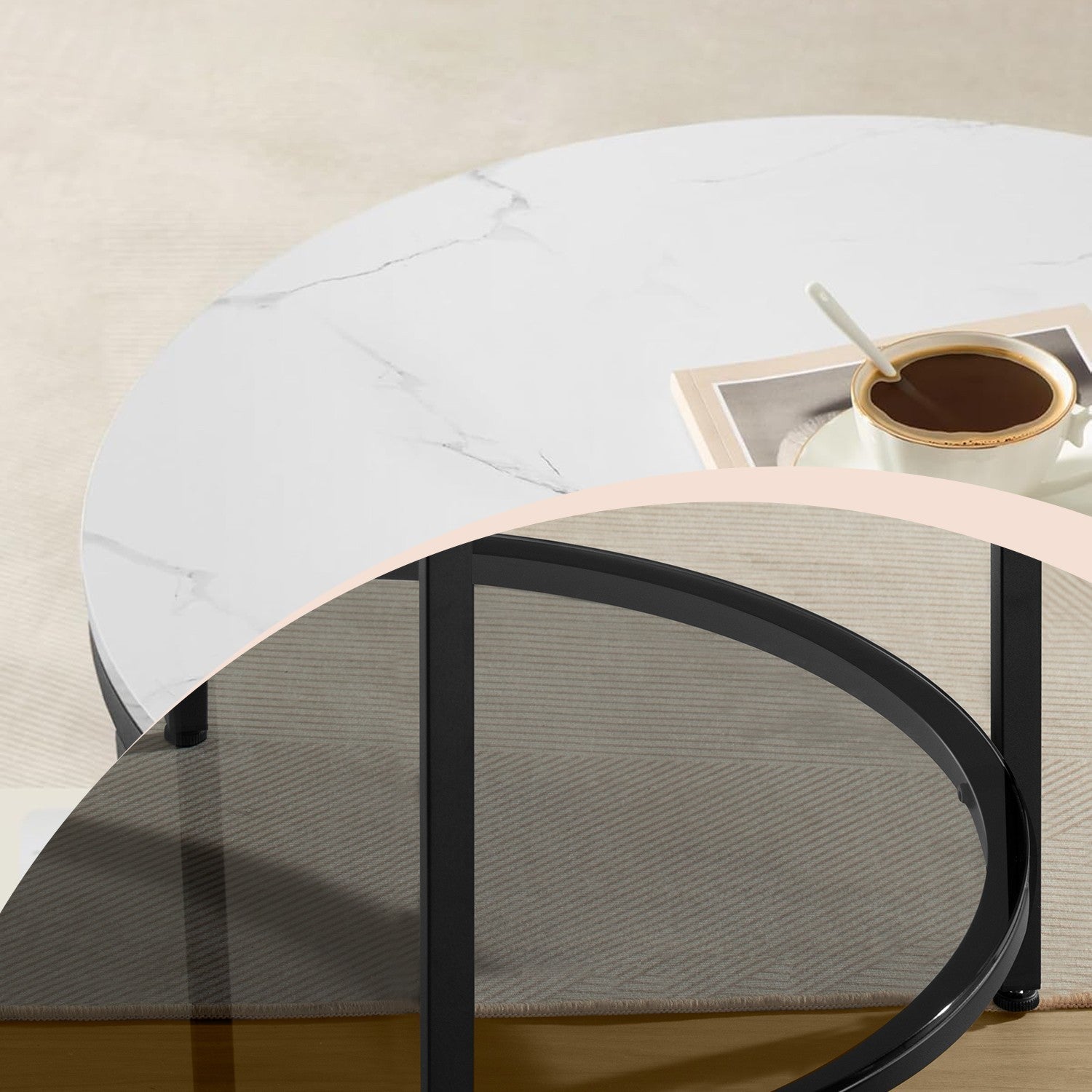 Coffee Table – Faux Marble, Glass – Round – Modern Design with Storage Shelf