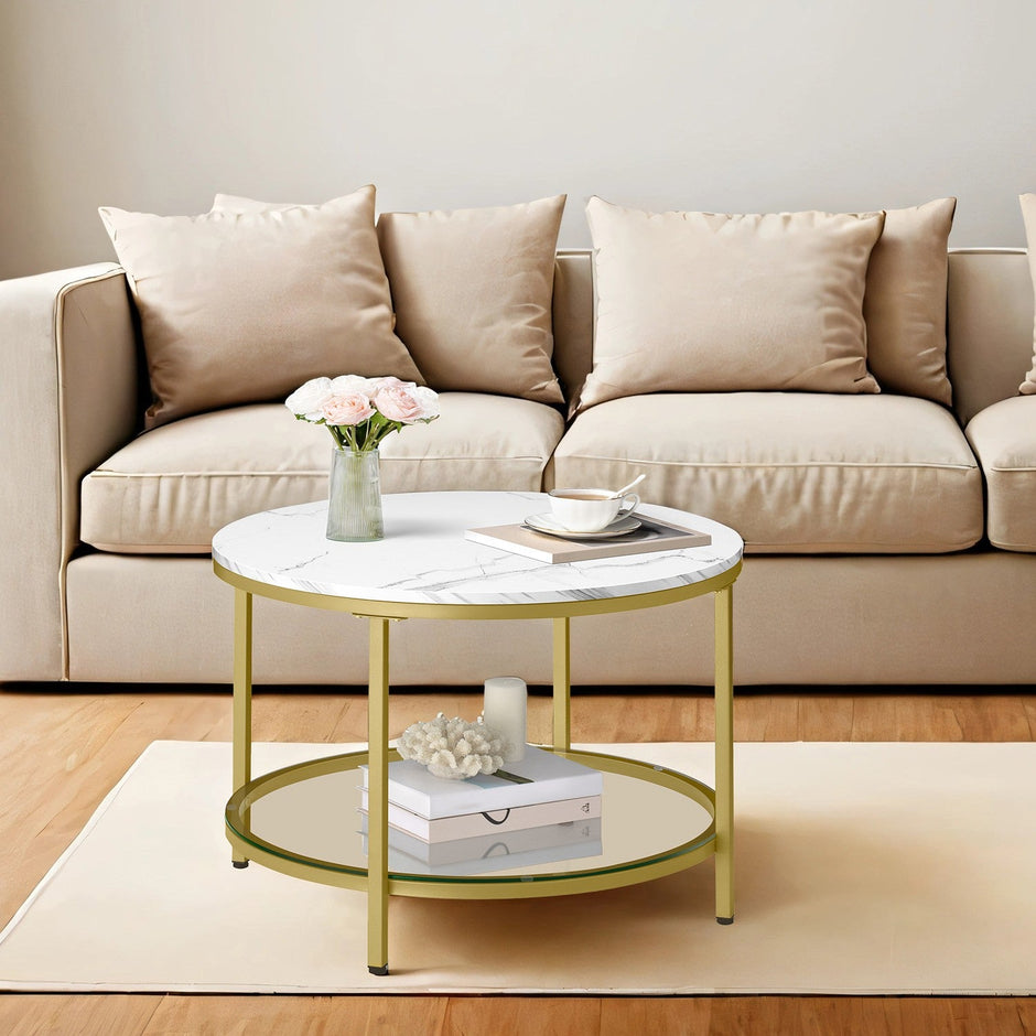 Coffee Table – Faux Marble, Glass – Round – Modern Design with Storage Shelf