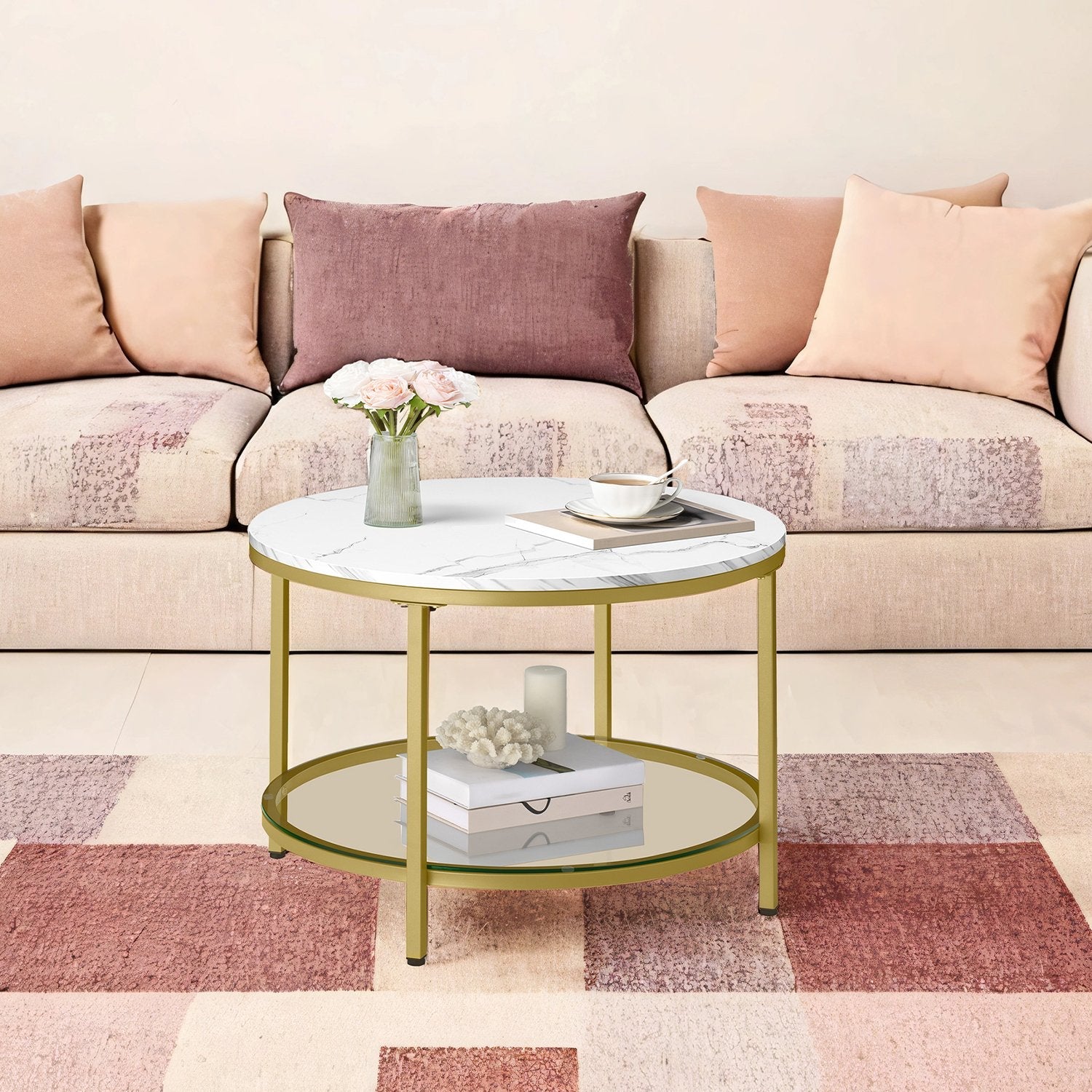 Coffee Table – Faux Marble, Glass – Round – Modern Design with Storage Shelf
