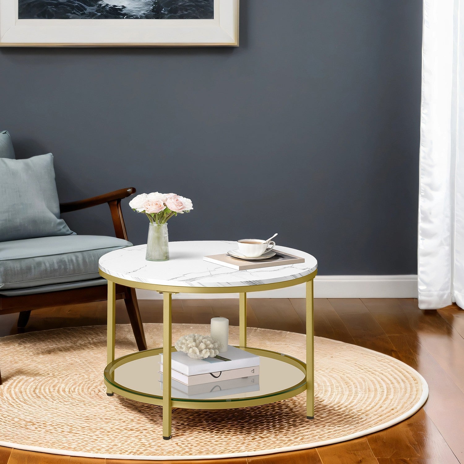 Coffee Table – Faux Marble, Glass – Round – Modern Design with Storage Shelf