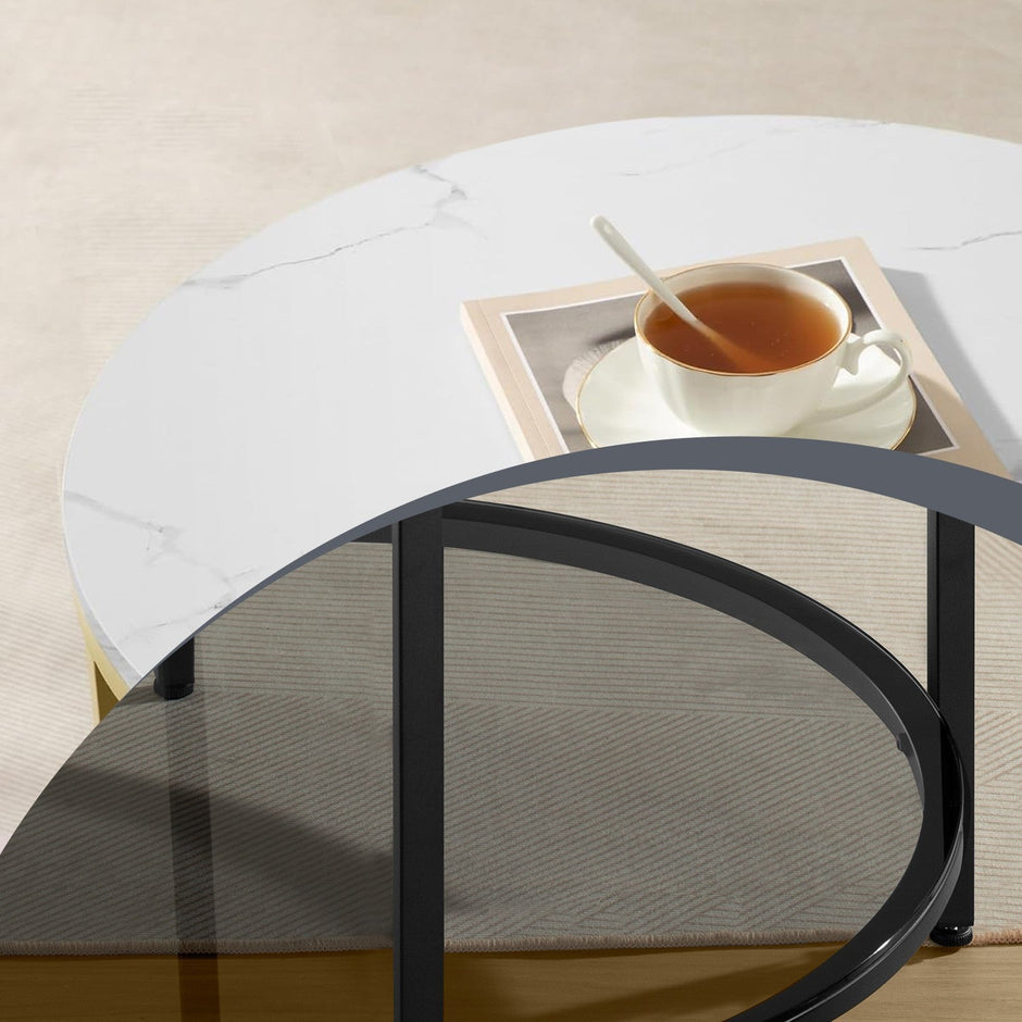 Coffee Table – Faux Marble, Glass – Round – Modern Design with Storage Shelf