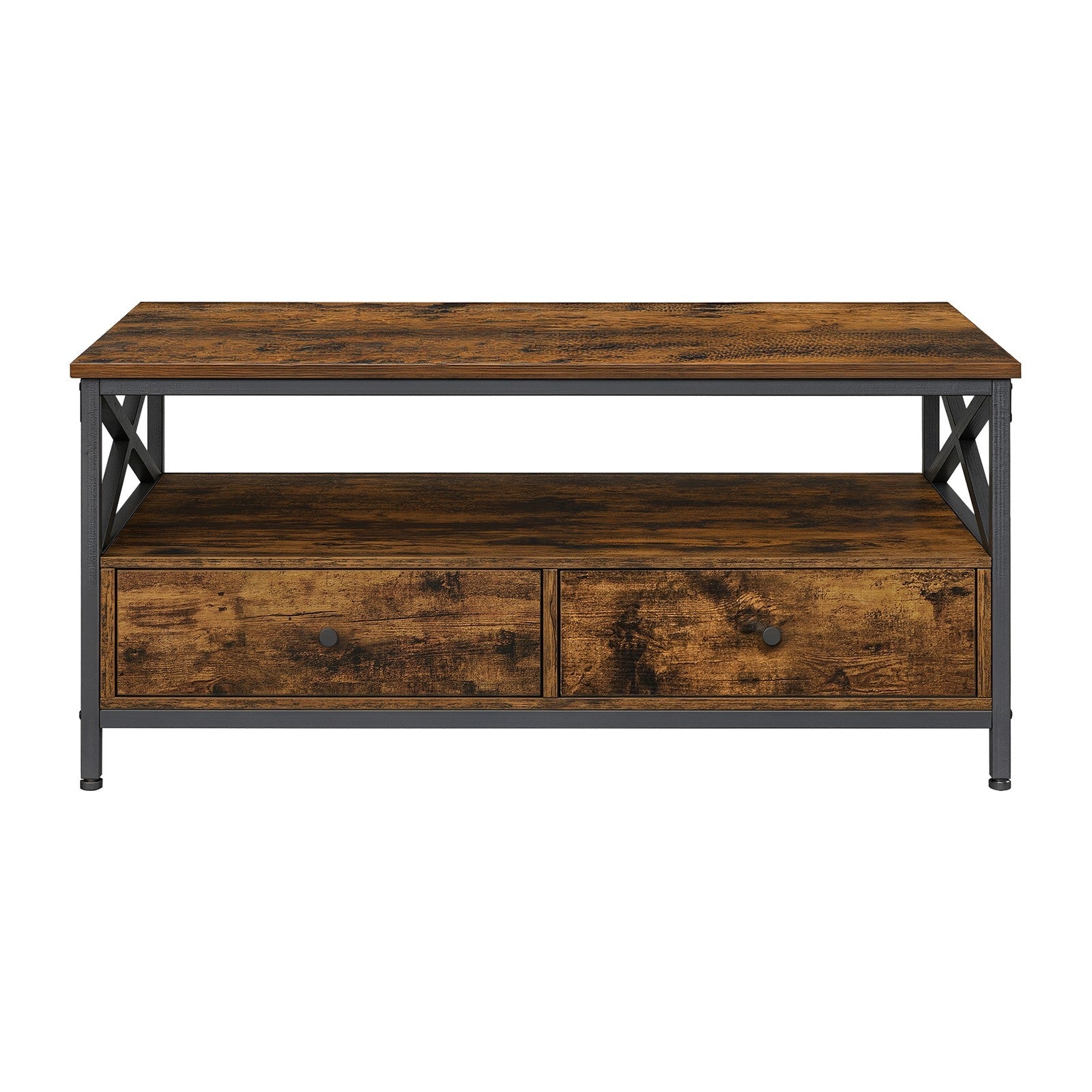 Coffee Table – Wood and Steel – Rustic Brown and Black – Industrial Style with 2 Drawers and Open Storage Shelf