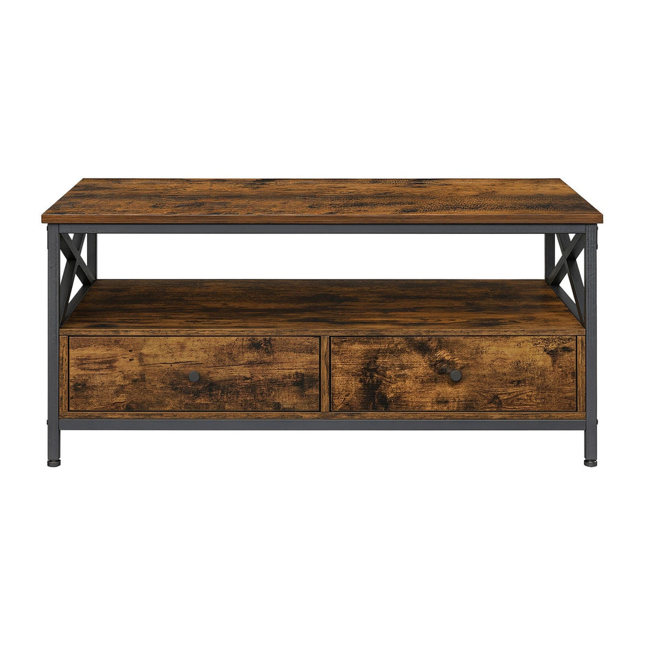 Coffee Table – Wood and Steel – Rustic Brown and Black – Industrial Style with 2 Drawers and Open Storage Shelf