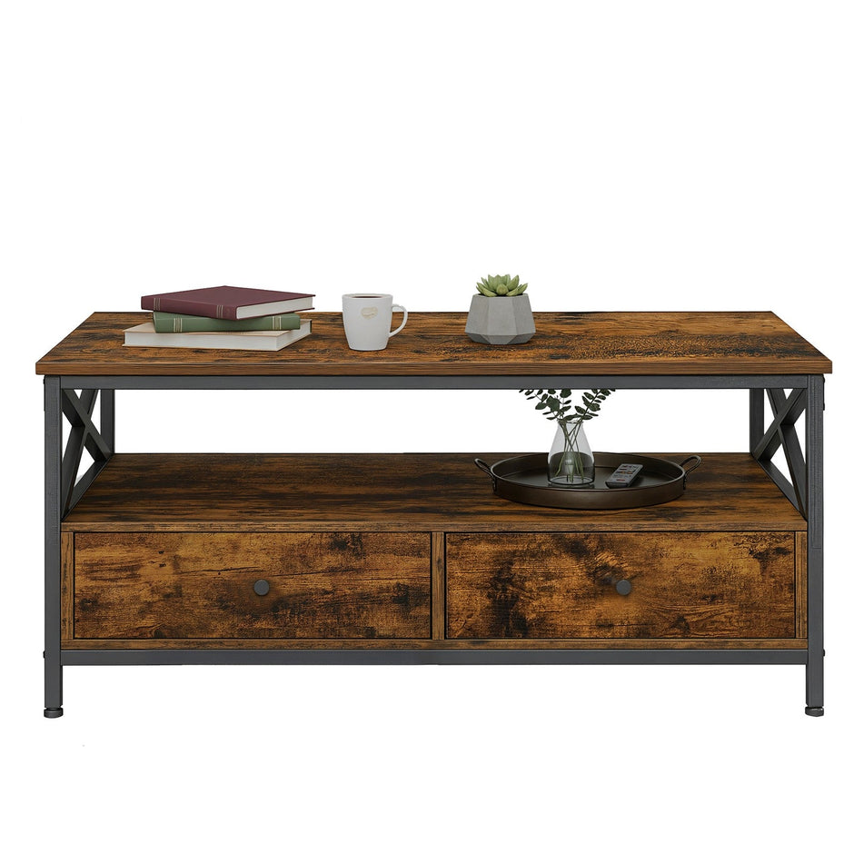 Coffee Table – Wood and Steel – Rustic Brown and Black – Industrial Style with 2 Drawers and Open Storage Shelf