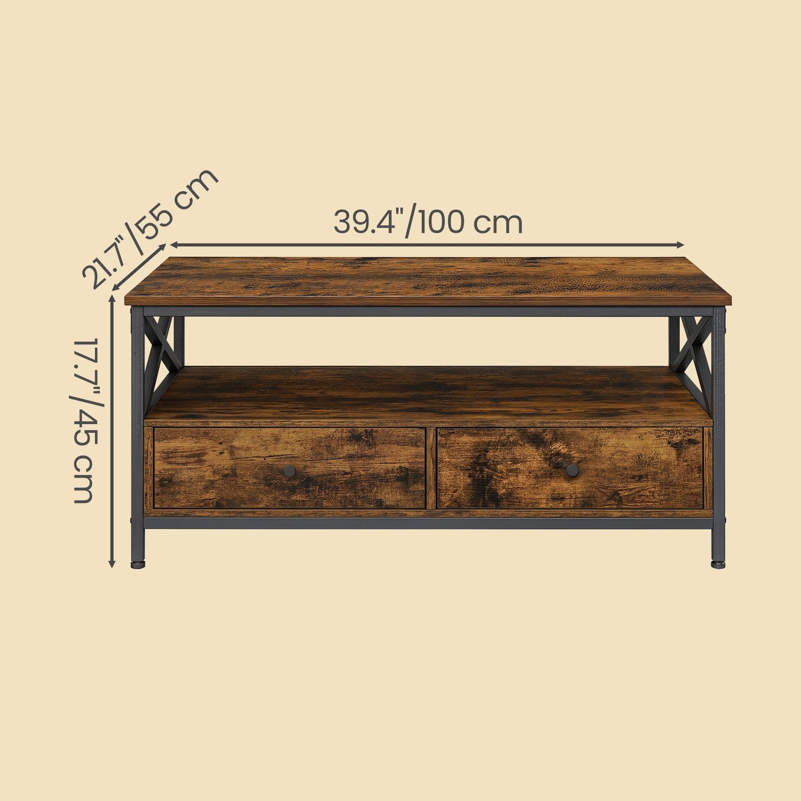 Coffee Table – Wood and Steel – Rustic Brown and Black – Industrial Style with 2 Drawers and Open Storage Shelf