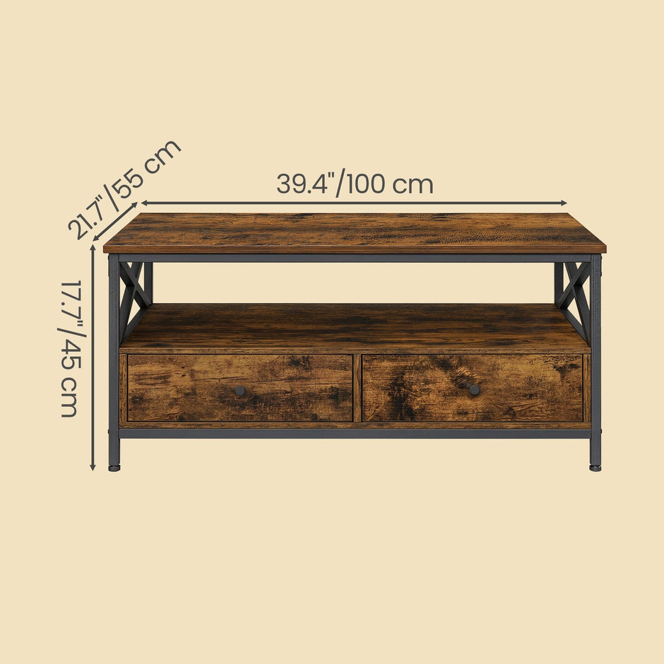 Coffee Table – Wood and Steel – Rustic Brown and Black – Industrial Style with 2 Drawers and Open Storage Shelf