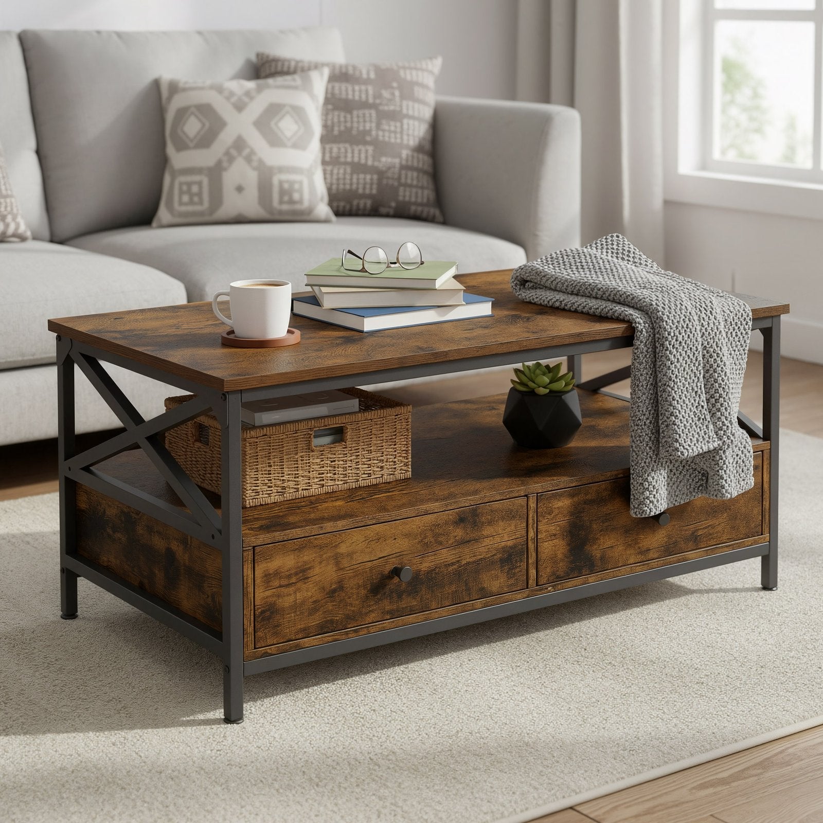 Coffee Table – Wood and Steel – Rustic Brown and Black – Industrial Style with 2 Drawers and Open Storage Shelf