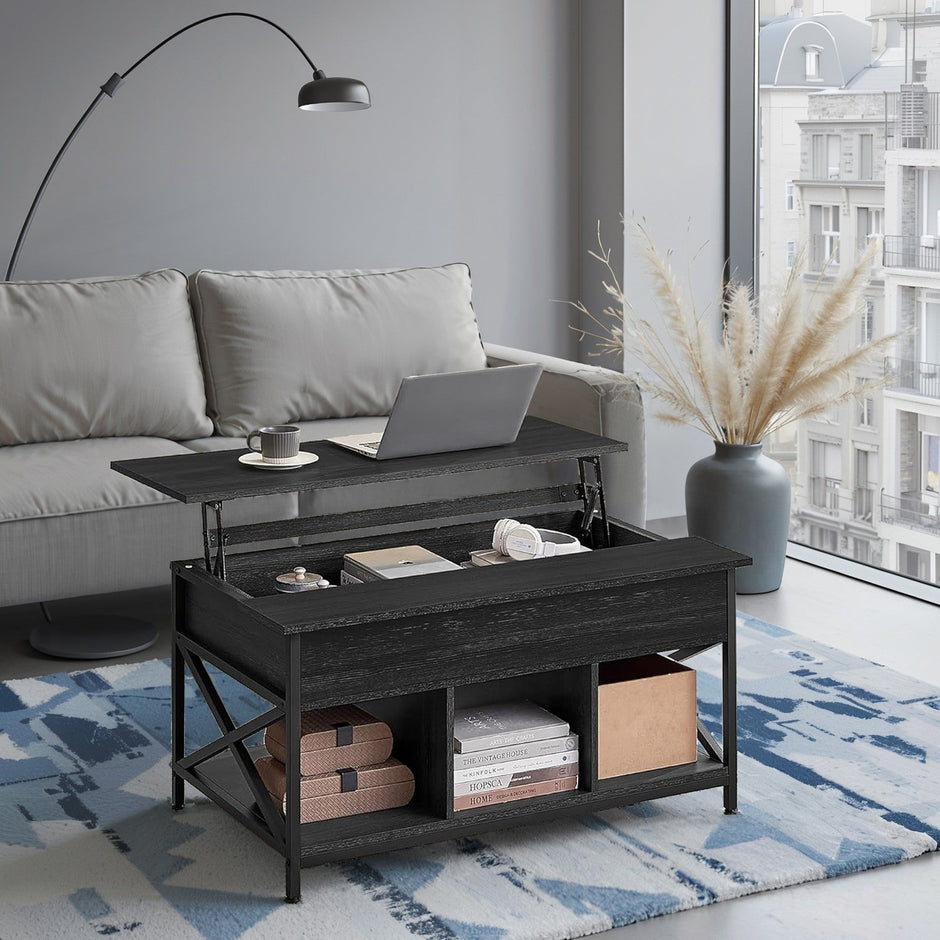 Lift-Top Coffee Table – Wood – White – Open and Hidden Storage with X-Shaped Bars