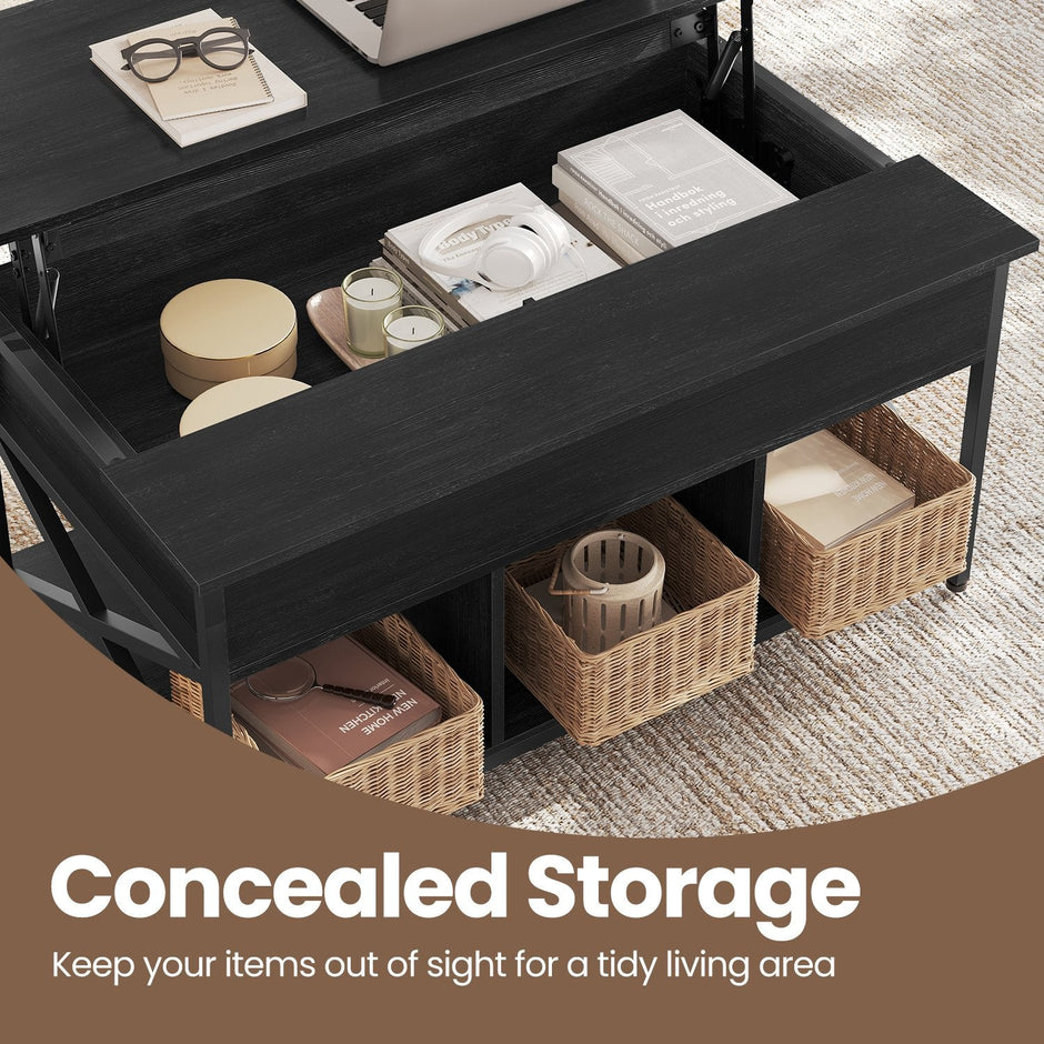 Lift-Top Coffee Table – Wood – White – Open and Hidden Storage with X-Shaped Bars