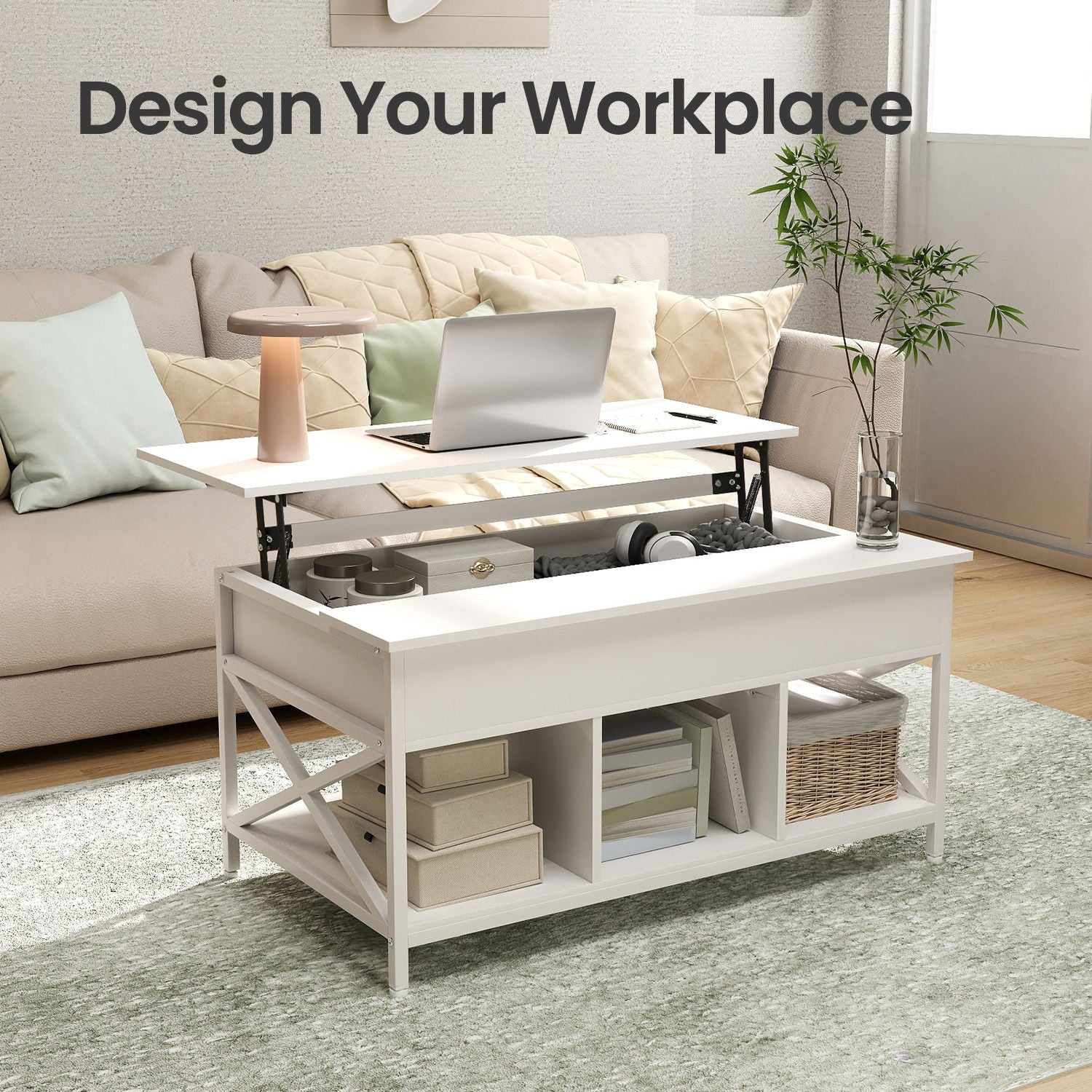 Lift-Top Coffee Table – Wood – White – Open and Hidden Storage with X-Shaped Bars