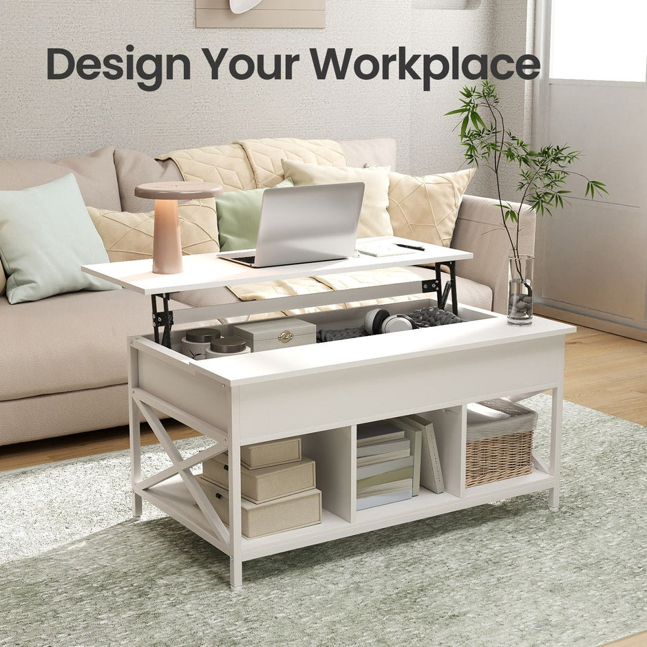 Lift-Top Coffee Table – Wood – White – Open and Hidden Storage with X-Shaped Bars