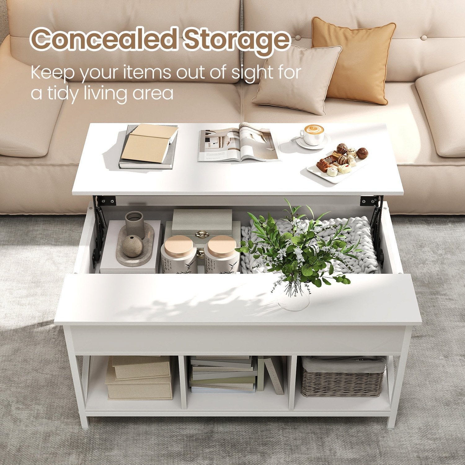 Lift-Top Coffee Table – Wood – White – Open and Hidden Storage with X-Shaped Bars