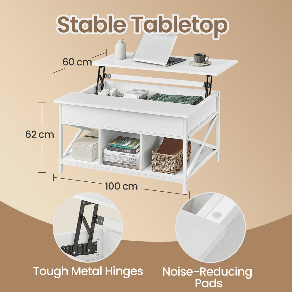 Lift-Top Coffee Table – Wood – White – Open and Hidden Storage with X-Shaped Bars