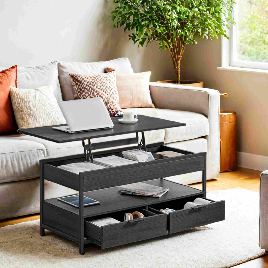 Lift Top Coffee Table – Wood – Rustic Brown and Ink Black – With Storage Drawers and Hidden Compartments