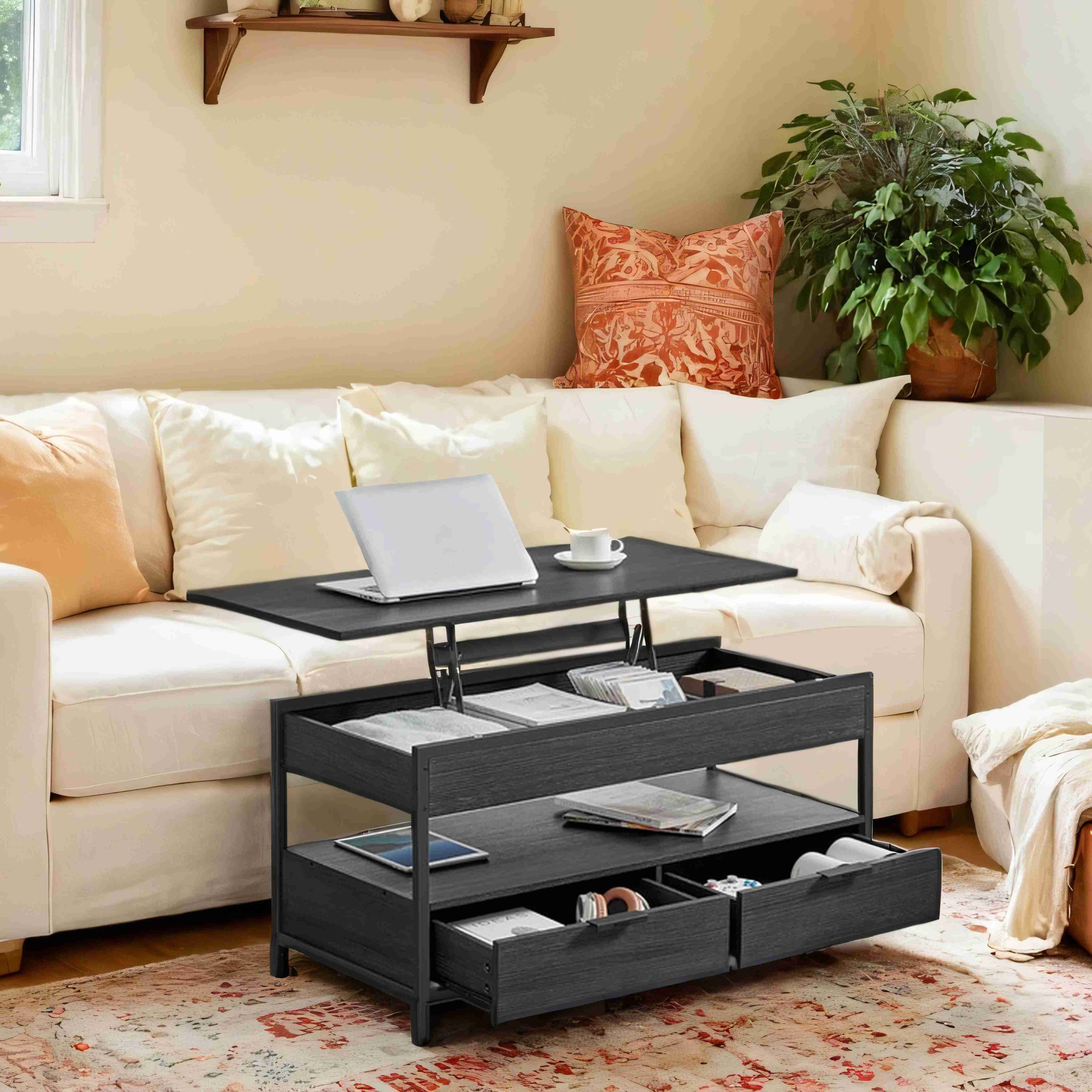 Lift Top Coffee Table – Wood – Rustic Brown and Ink Black – With Storage Drawers and Hidden Compartments