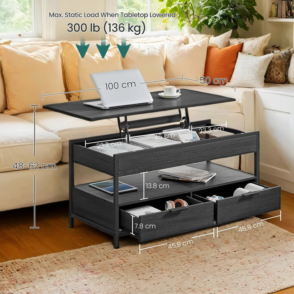 Lift Top Coffee Table – Wood – Rustic Brown and Ink Black – With Storage Drawers and Hidden Compartments