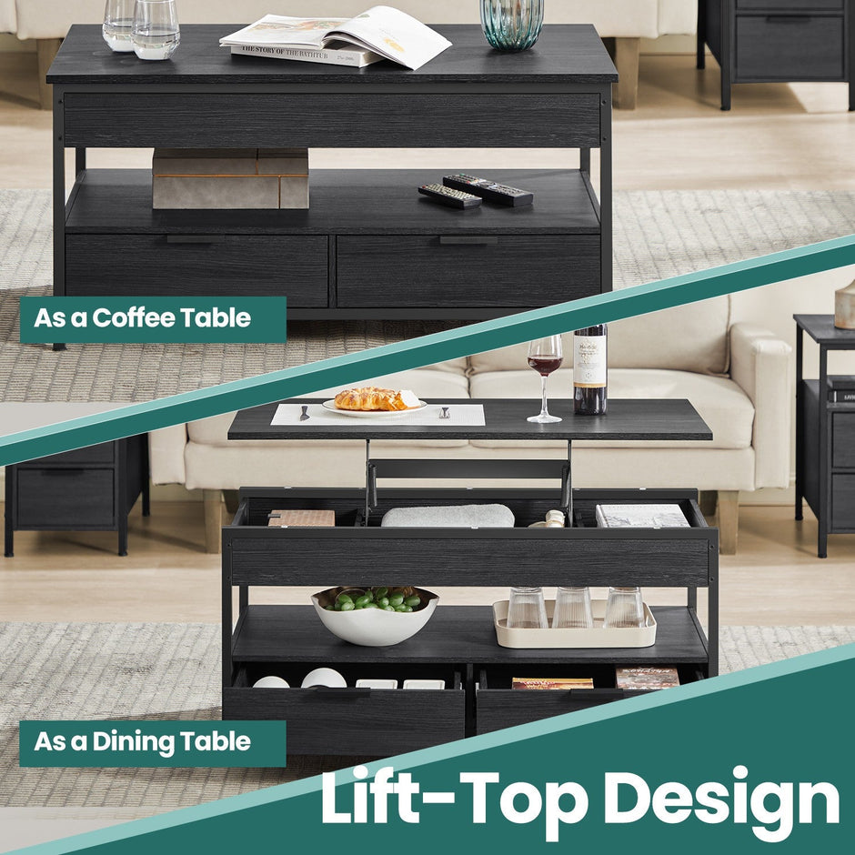 Lift Top Coffee Table – Wood – Rustic Brown and Ink Black – With Storage Drawers and Hidden Compartments