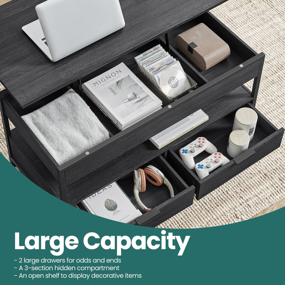 Lift Top Coffee Table – Wood – Rustic Brown and Ink Black – With Storage Drawers and Hidden Compartments