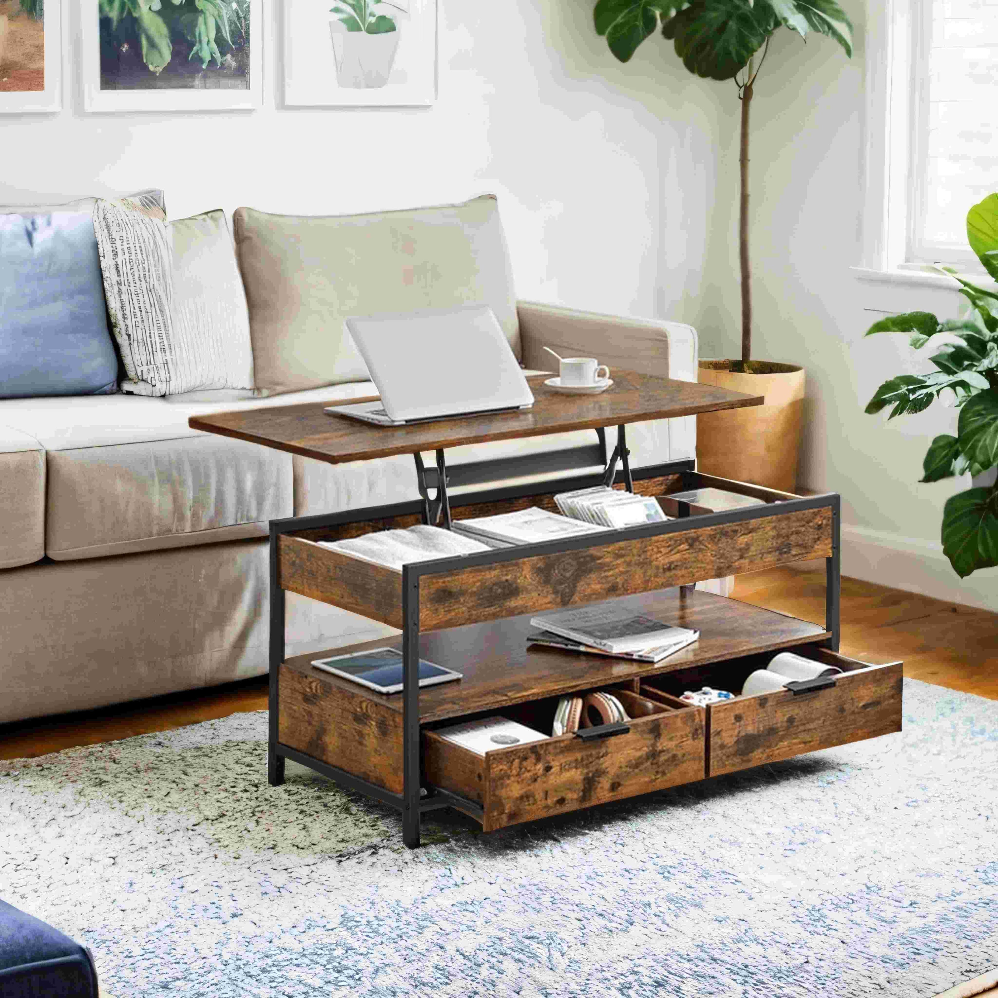 Lift-Top Coffee Table – Wood – Rustic Brown and Ink Black – Storage Drawers and Open Compartment