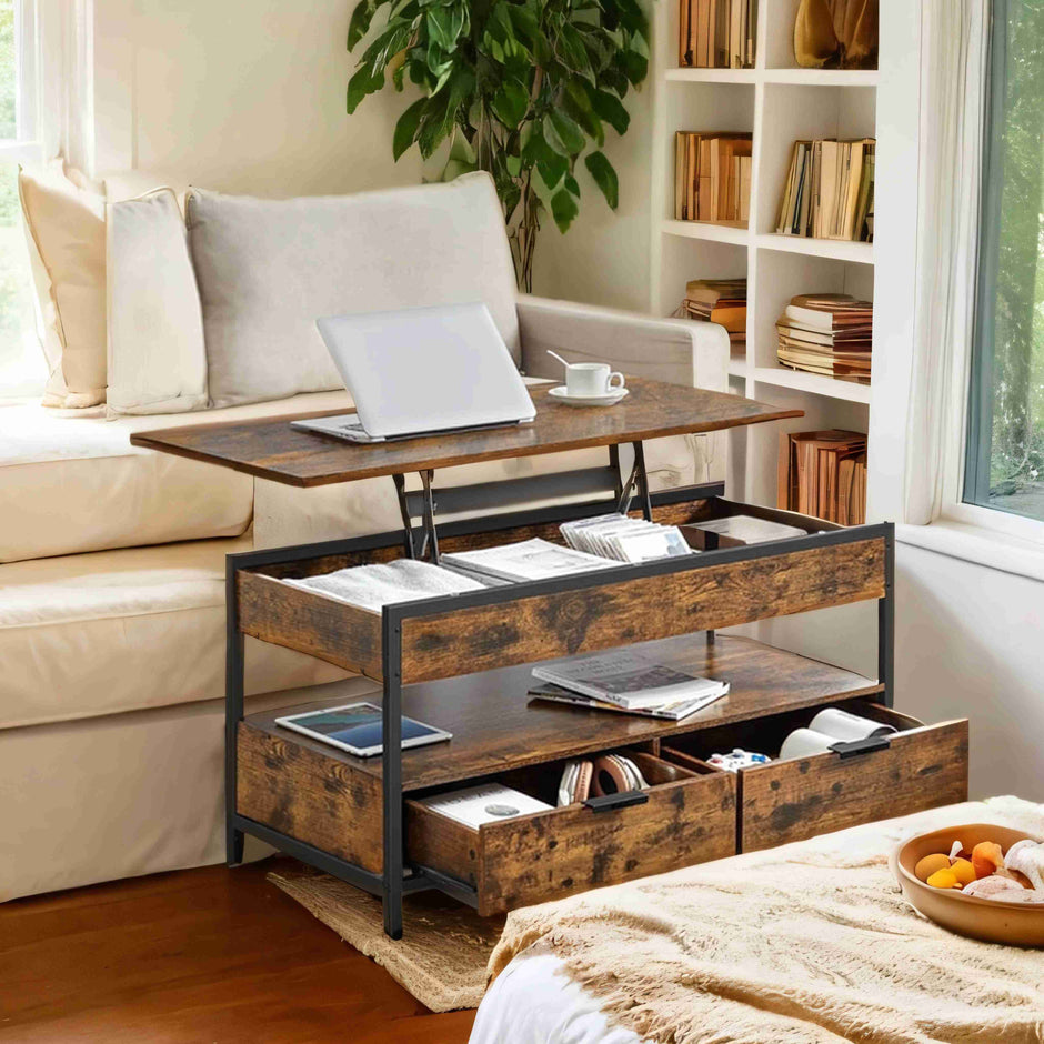 Lift-Top Coffee Table – Wood – Rustic Brown and Ink Black – Storage Drawers and Open Compartment