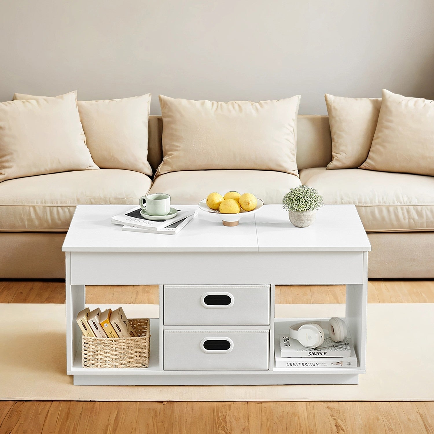 Lift Top Coffee Table – Wood – Snow White – Features Hidden Compartments and 2 Drawers