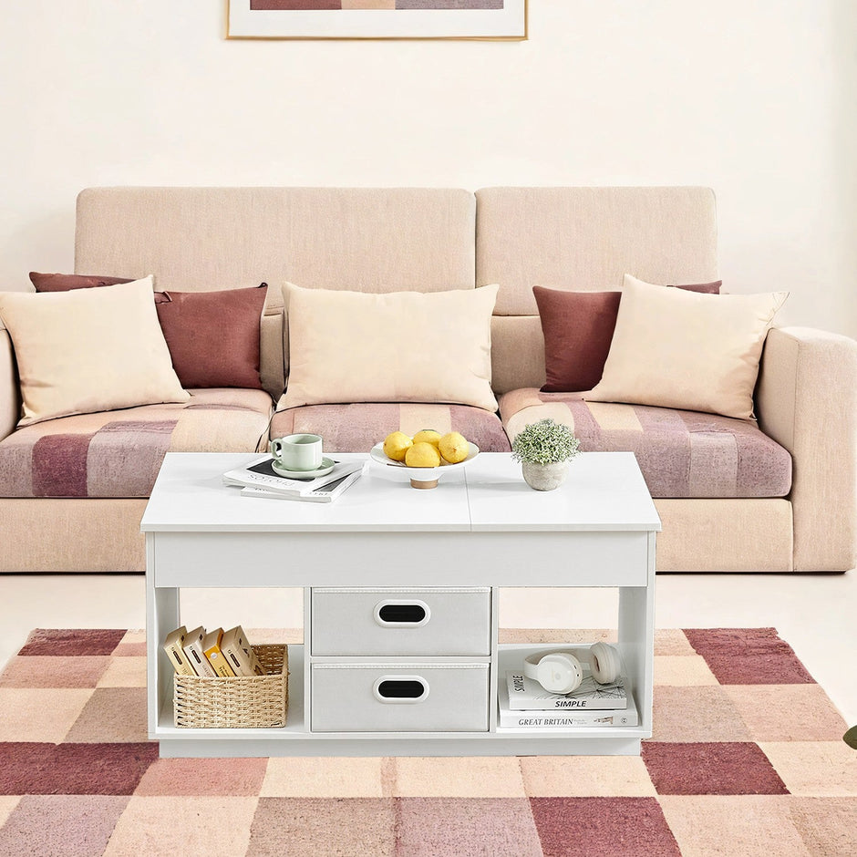 Lift Top Coffee Table – Wood – Snow White – Features Hidden Compartments and 2 Drawers