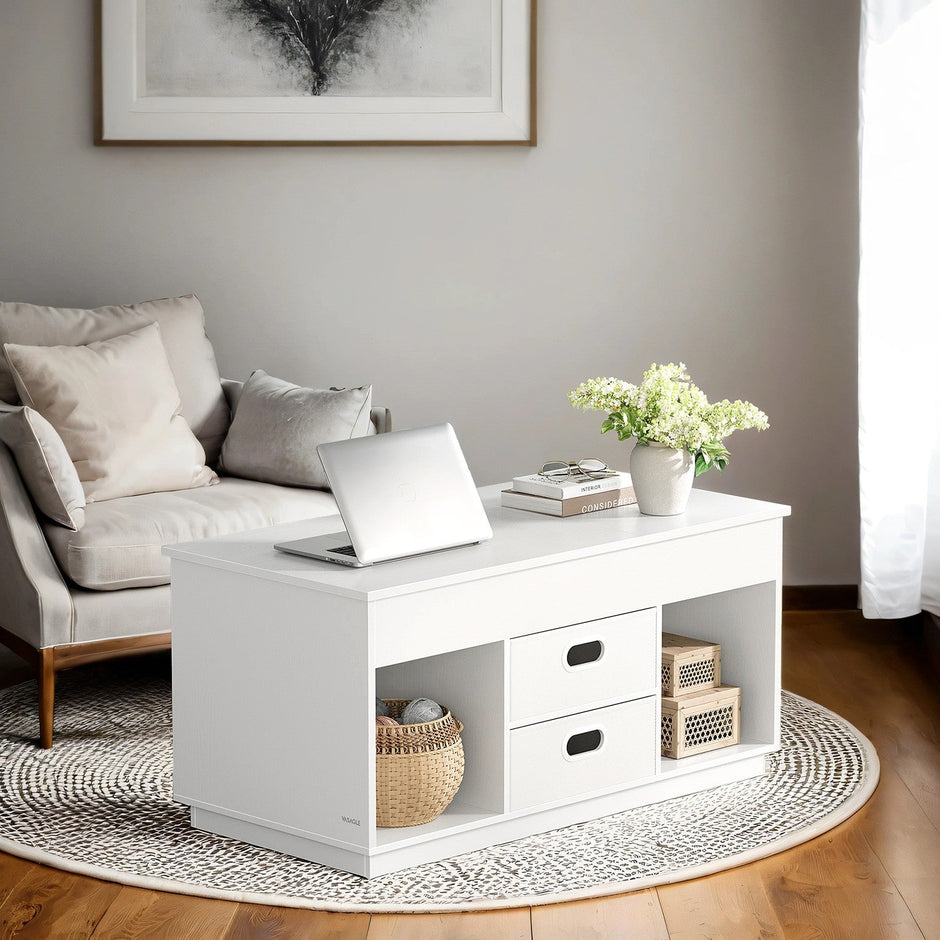 Lift Top Coffee Table – Wood – Snow White – Features Hidden Compartments and 2 Drawers