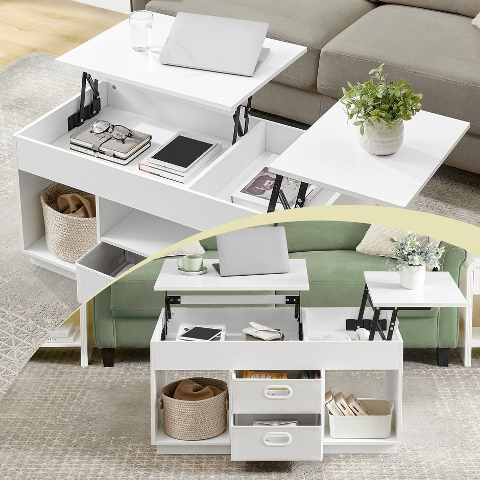 Lift Top Coffee Table – Wood – Snow White – Features Hidden Compartments and 2 Drawers