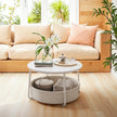 Round Coffee Table – Metal and Fabric – Matte White and Camel Brown – Modern Design with Storage Basket
