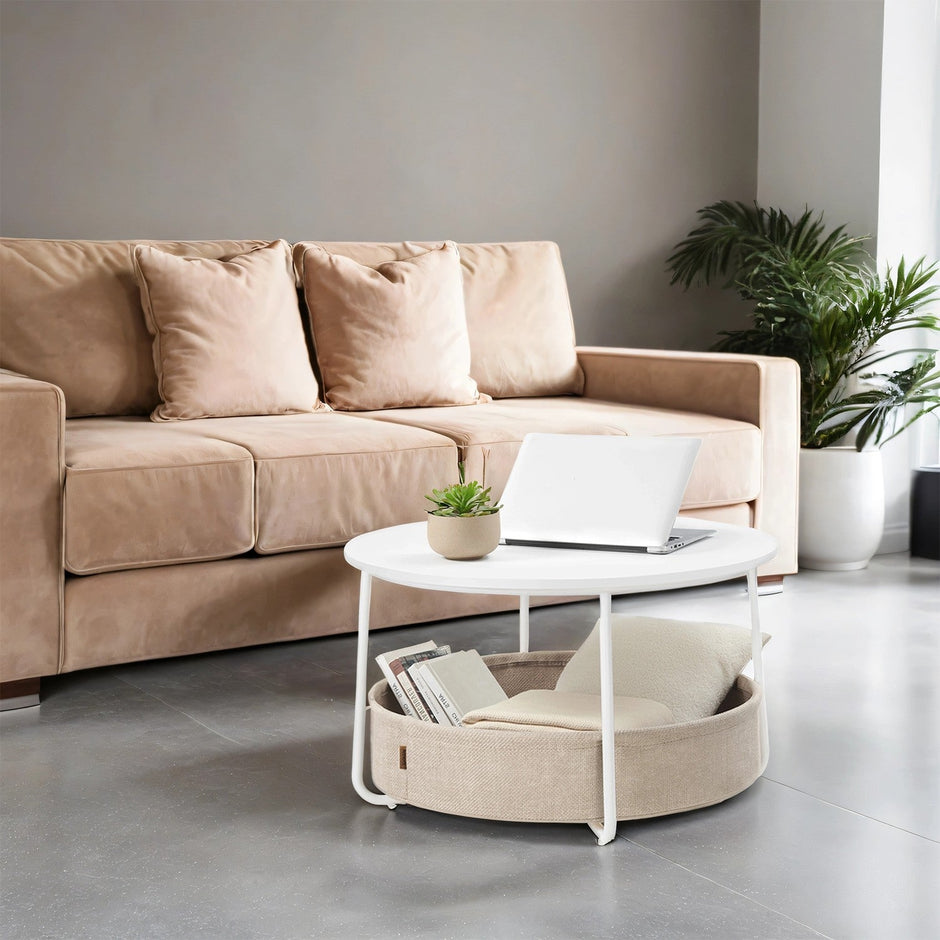 Round Coffee Table – Metal and Fabric – Matte White and Camel Brown – Modern Design with Storage Basket