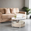 Round Coffee Table – Metal and Fabric – Matte White and Camel Brown – Modern Design with Storage Basket