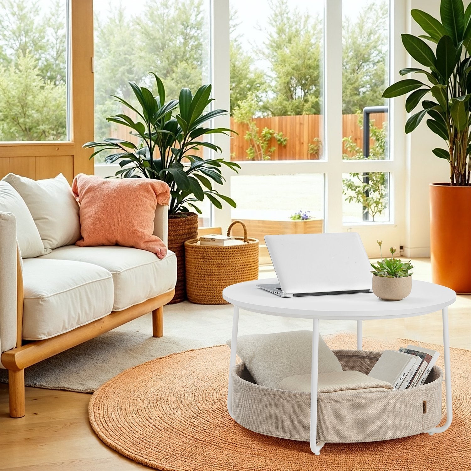 Round Coffee Table – Metal and Fabric – Matte White and Camel Brown – Modern Design with Storage Basket