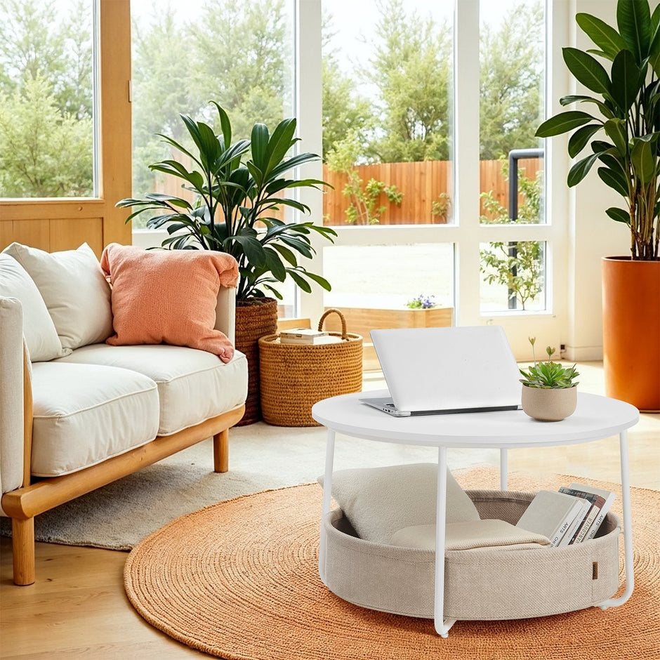 Round Coffee Table – Metal and Fabric – Matte White and Camel Brown – Modern Design with Storage Basket