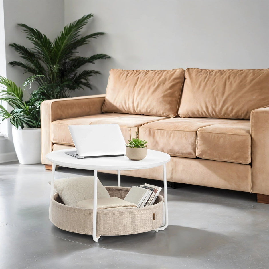 Round Coffee Table – Metal and Fabric – Matte White and Camel Brown – Modern Design with Storage Basket