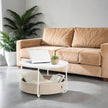 Round Coffee Table – Metal and Fabric – Matte White and Camel Brown – Modern Design with Storage Basket