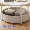 Round Coffee Table – Metal and Fabric – Matte White and Camel Brown – Modern Design with Storage Basket