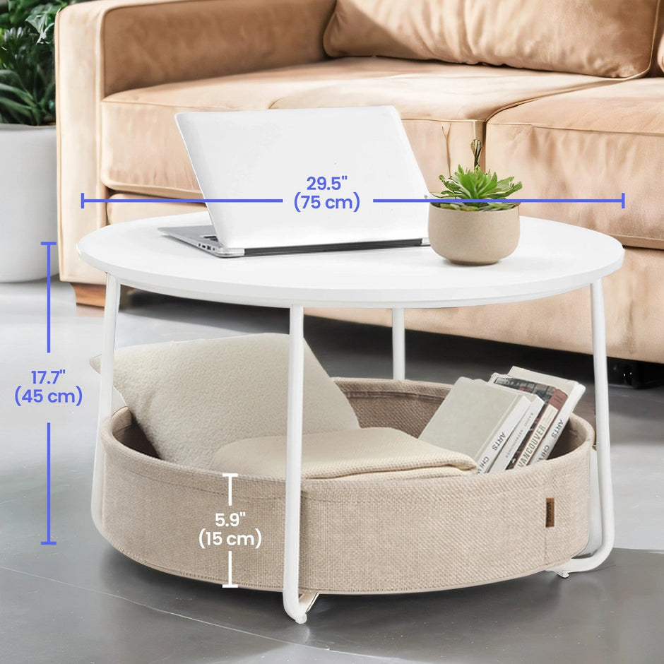 Round Coffee Table – Metal and Fabric – Matte White and Camel Brown – Modern Design with Storage Basket