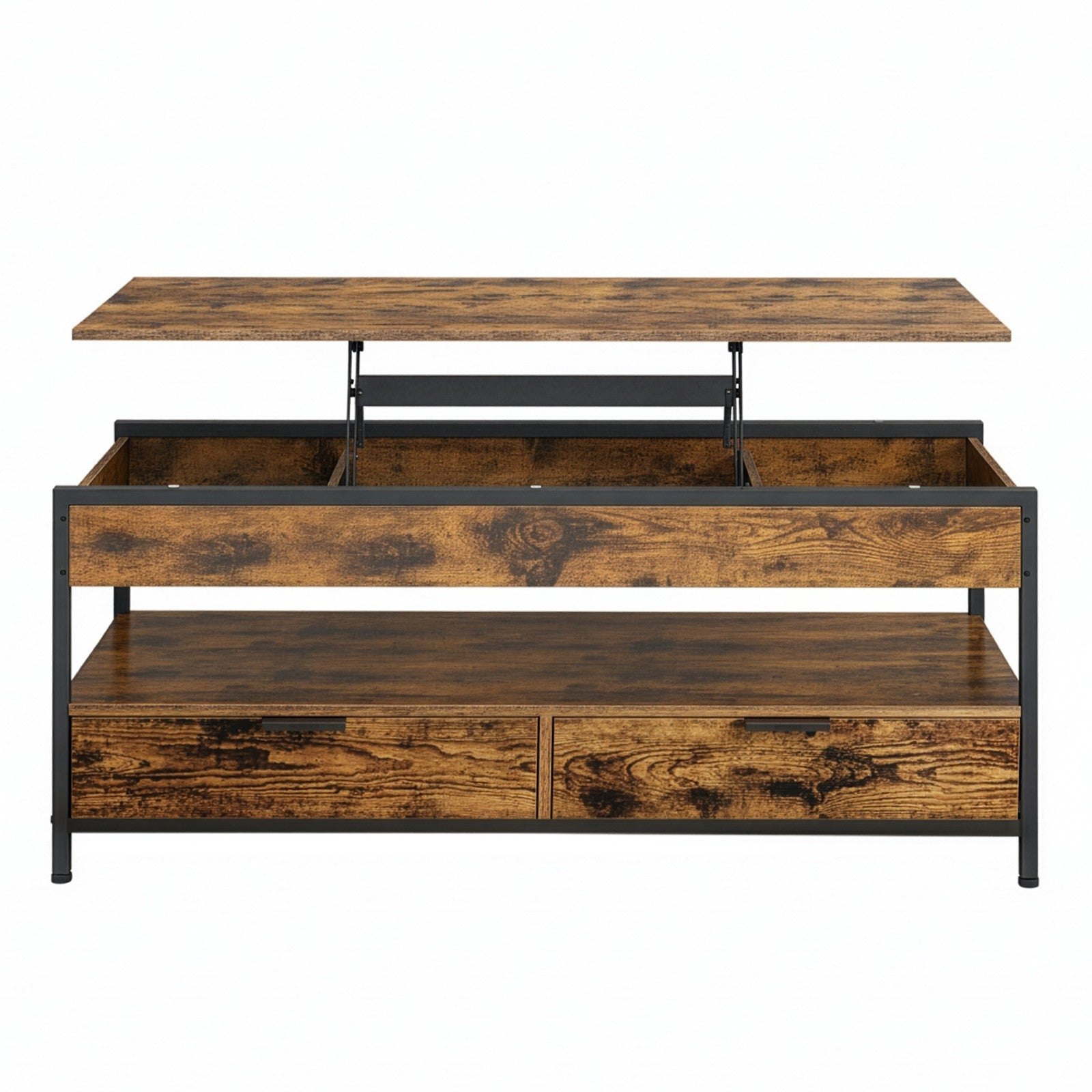 Lift Top Coffee Table – Wood – Rustic Brown and Ink Black – With Storage Drawers and Open Shelf