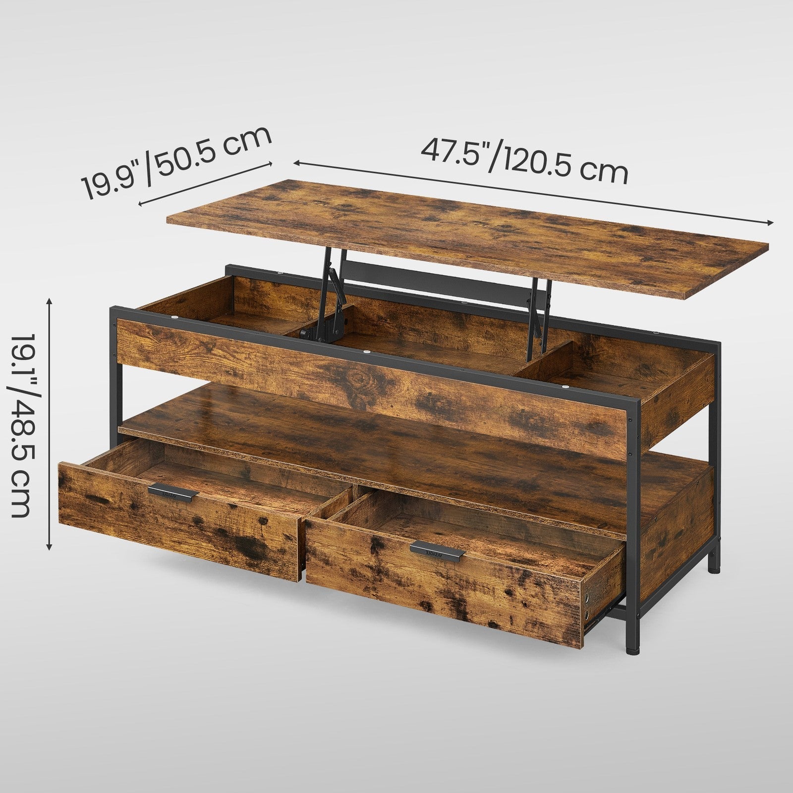 Lift Top Coffee Table – Wood – Rustic Brown and Ink Black – With Storage Drawers and Open Shelf