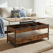Lift Top Coffee Table – Wood – Rustic Brown and Ink Black – With Storage Drawers and Open Shelf