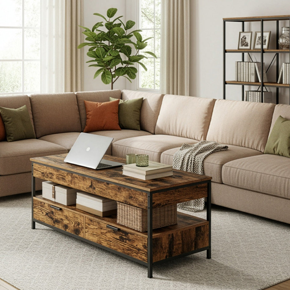 Lift Top Coffee Table – Wood – Rustic Brown and Ink Black – With Storage Drawers and Open Shelf