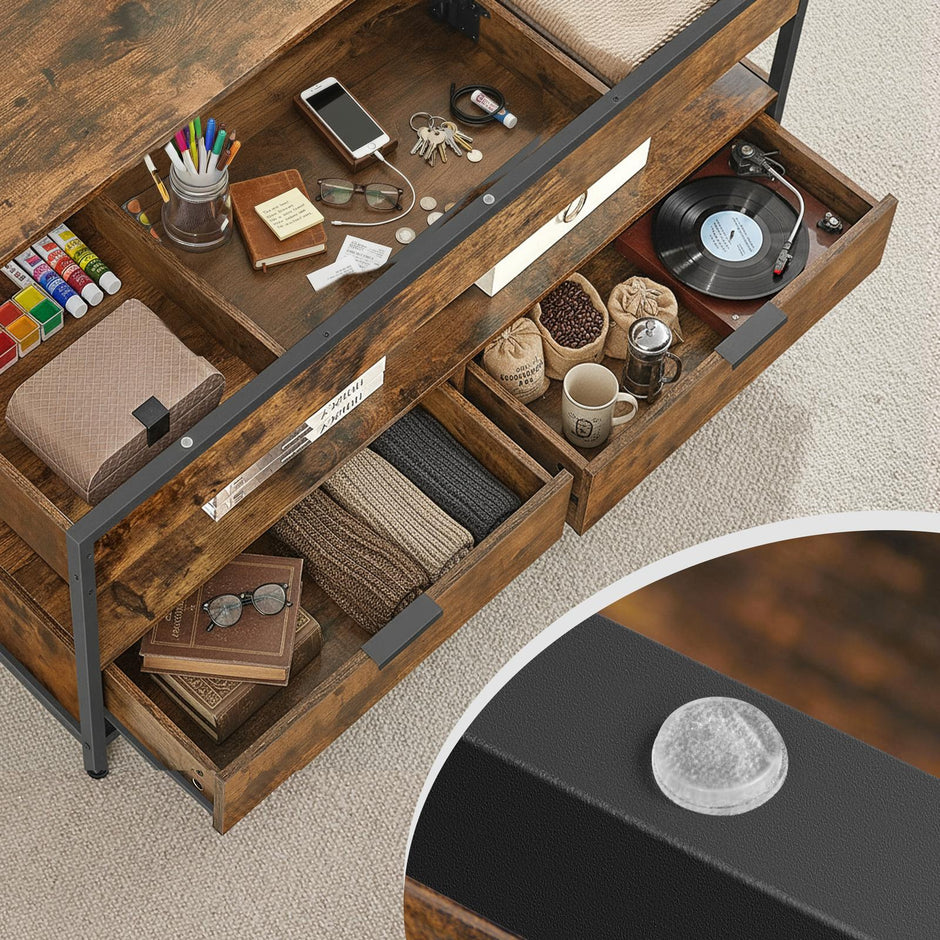 Lift Top Coffee Table – Wood – Rustic Brown and Ink Black – With Storage Drawers and Open Shelf
