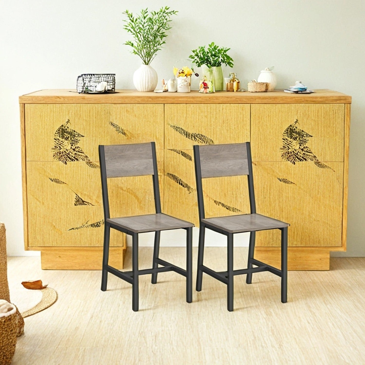 Set of 2 Dining Chairs – Steel Frame – Heather Greige and Frosted Gray – Industrial Style