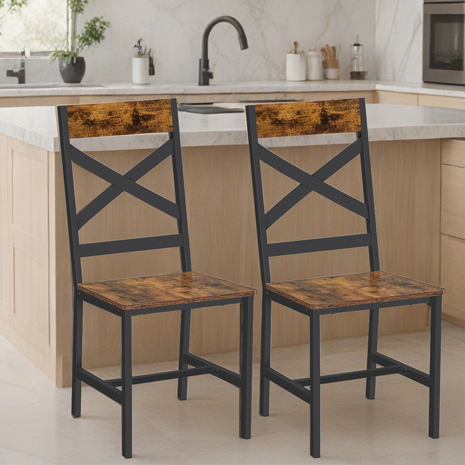 Set of 2 Dining Chairs – Steel – Rustic Brown and Black – Ergonomic Design, Industrial Style