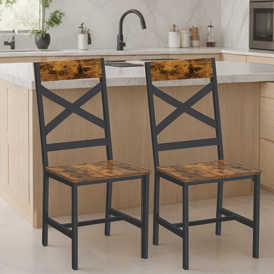 Set of 2 Dining Chairs – Steel – Rustic Brown and Black – Ergonomic Design, Industrial Style